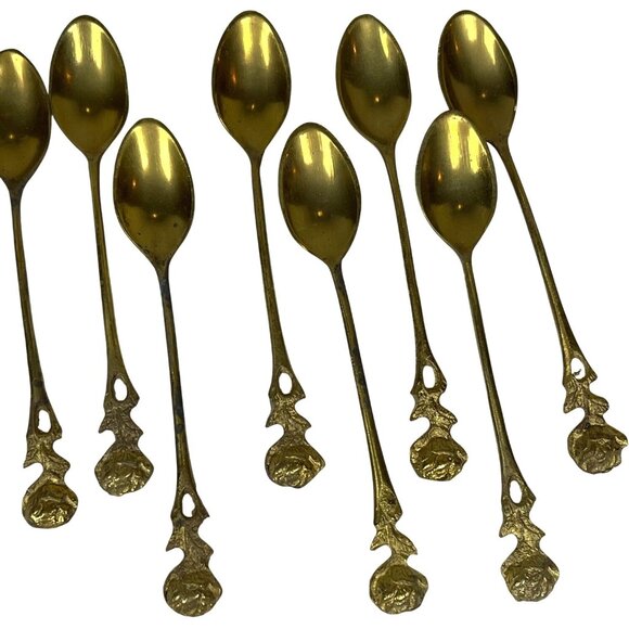 Spoons Gold Tone Brass Coffee Demitasse Tea Lot Rose Handles Set of 12 Vintage - Picture 8 of 10